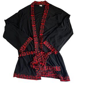 90s Touch Me USA Kimono Robe Size L Black Red Geometric Greek Key Loungewear